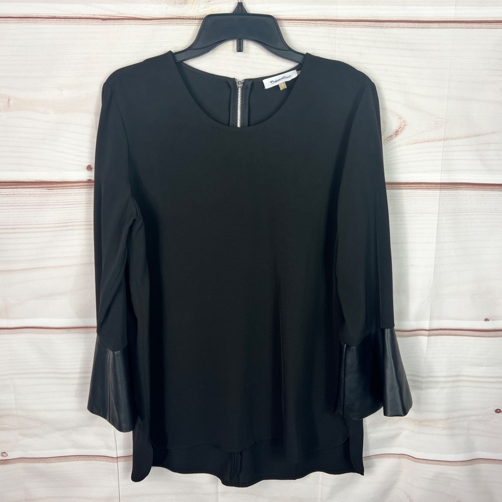 Calvin Klein Top Women Medium Black Pleather Bell Sleeve Blouse Knit Back Zipper